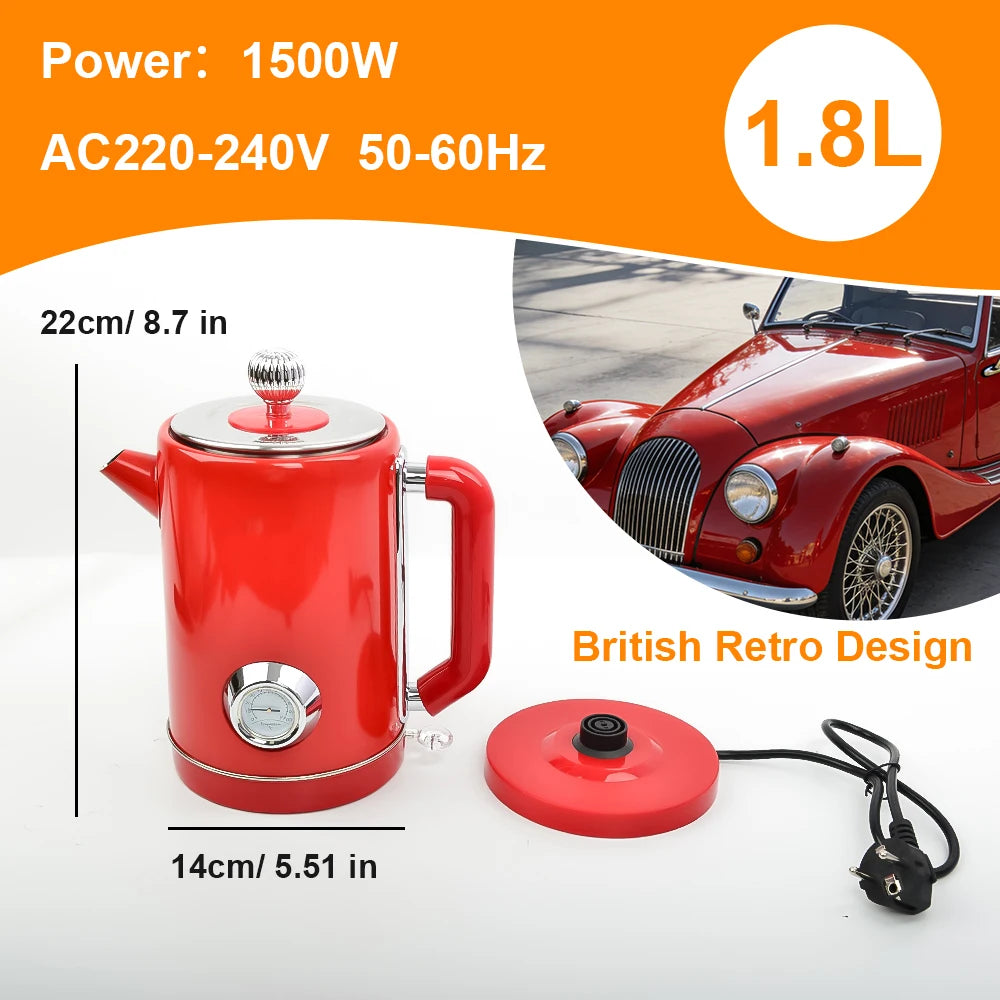 1.8L British Retro Electric Kettle 304 Stainless Steel Fast Boil Auto Shut Off Home Kitchen Hot Water Pot for Tea Coffee