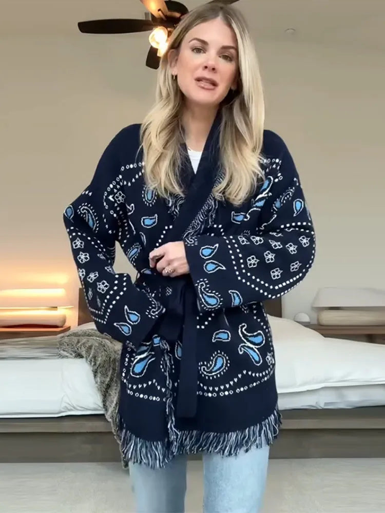 Women's Print Fringe Knitted Vest Coat Fashion Sleeveless Tie Waist Pocket Cardigan Sweater Lady 2025 Autumn Casual Outerwear