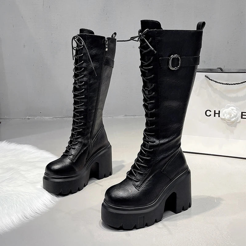 Knee High Women's Boots Lace Up High Heels Shoes Platform Chelsea Boots Winter 2025 Sexy Snow Long Boots Zip Pumps Mujer Botas