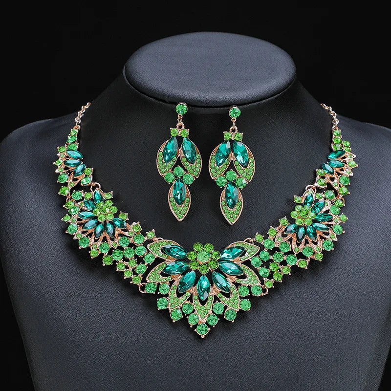 Advanced design retro necklace earring set leaf Multicolored flowers luxurious crystal jewelry bride's wedding dress accessories