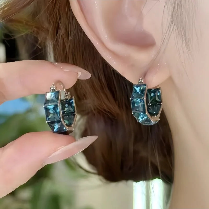 2025 Korean new design fashion jewelry luxury square blue crystal hoop earrings elegant women's daily work accessories