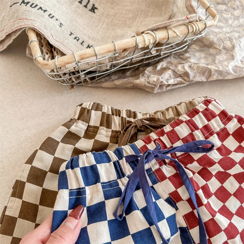 deer jonmi 2023 Summer Korean Style Children Plaid Patchwork Shorts Baby Boys Casual Chic Loose Shorts Kids Clothes