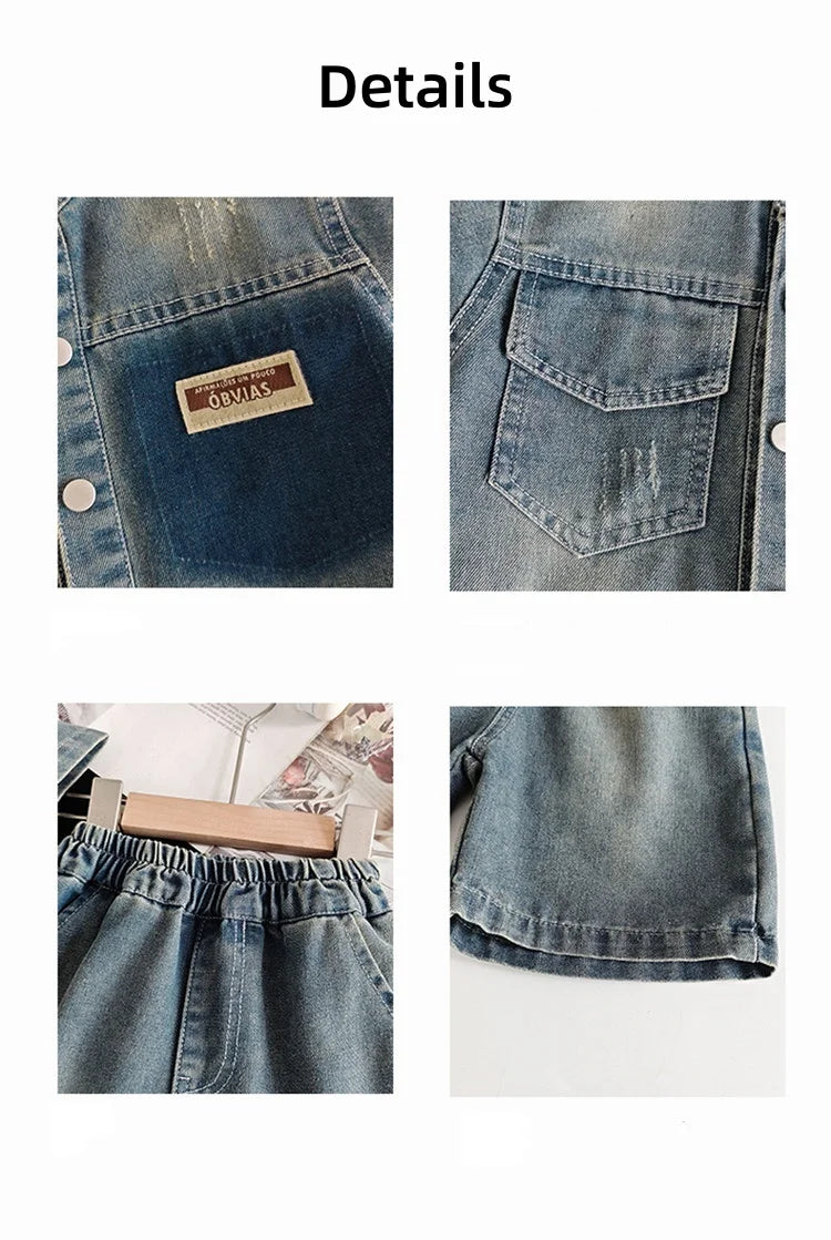 2025 Trendy Boys' Denim Set Vintage Wash Short Sleeve Shirt & Shorts 2-Piece Summer Outfit