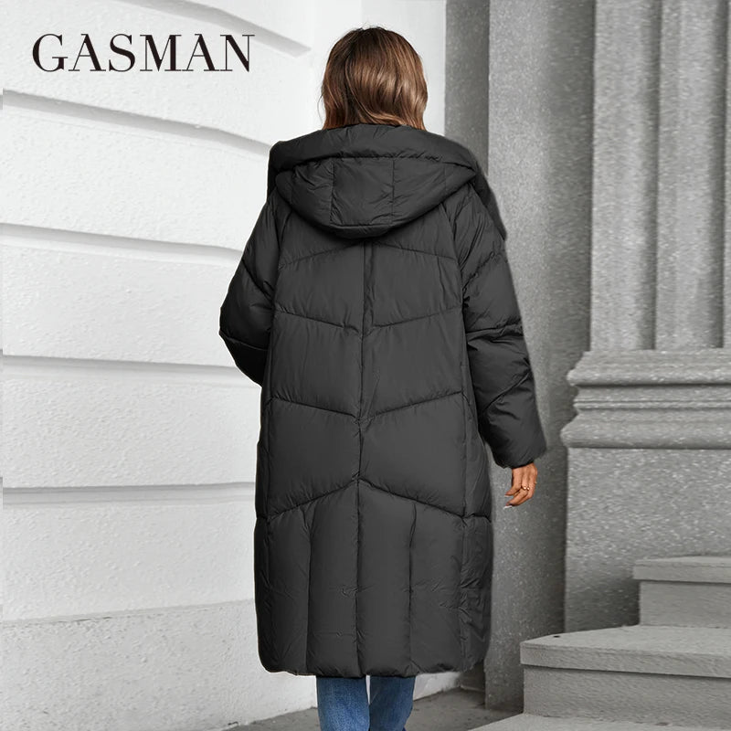 GASMAN 2024 Winter Down Jacket Women Long Classic zipper Design Pocket Stand Collar Hooded Slim Coat Women Parkas 88590
