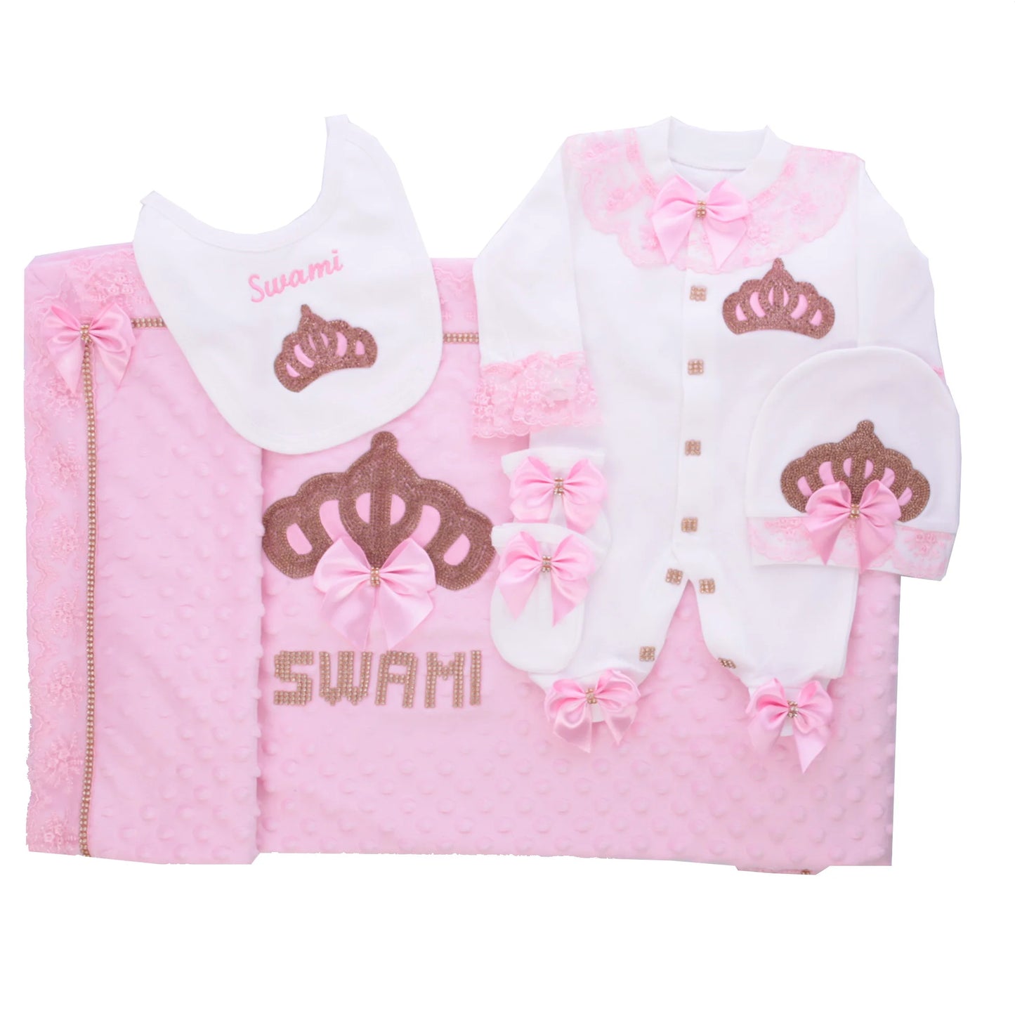 Dollbling Newborn 5pcs Layette Outfits Set Baby Tuxedo Outfit 0-3M Handmade Embroidery Wheat Jewels Crown Parajams Gift Set