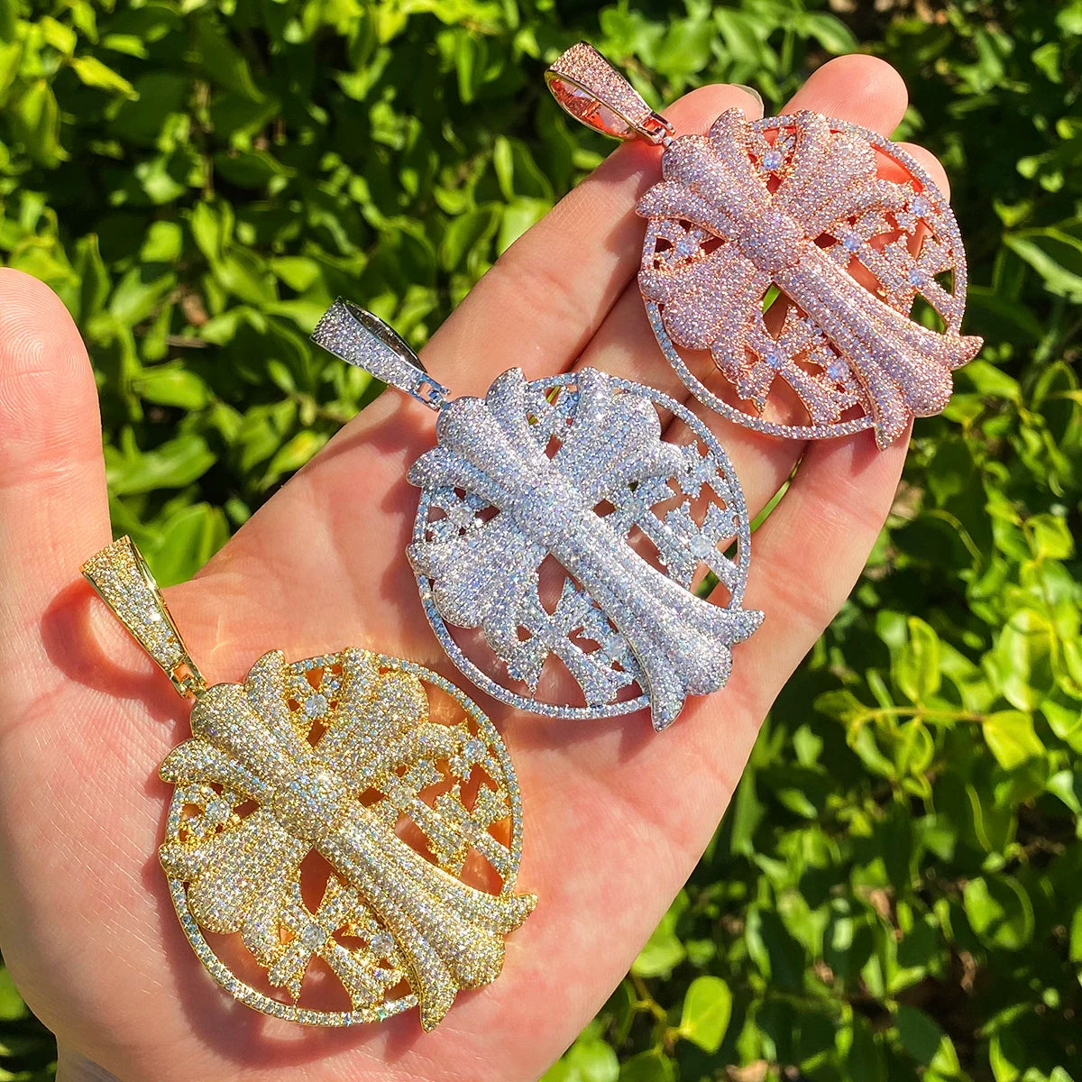 Aokaishen Iced Out Cross Disc Necklace Pendant for Women Real Gold Plated 5A Cubic Zirconia Hip Hop Jewelry