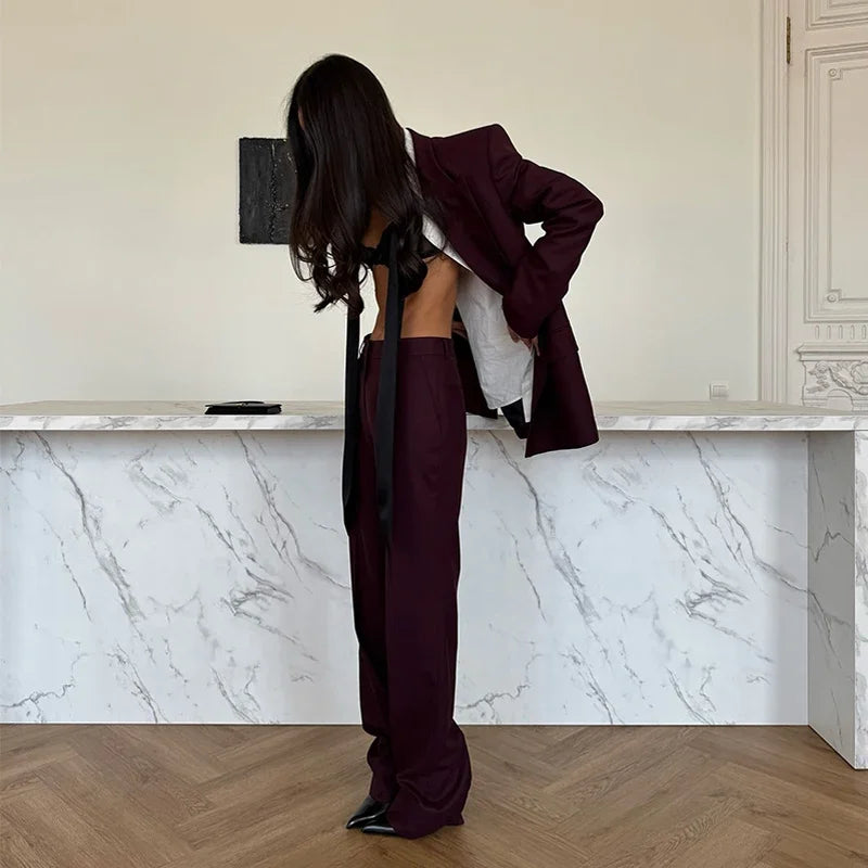 Elegant Blazer Coat Pants Set Women 2026 Lapel Double Breasted Jacket Straight Trousers Female Sets Spring Chic Lady Suit