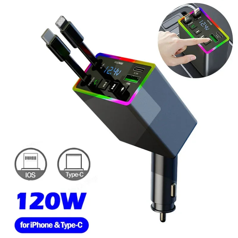 M38 FM Bluetooth MP3 Transmitter 4-in-1 120W Fast Charge Retractable Cable Car Charger with Colorful Light Built-in Media Player