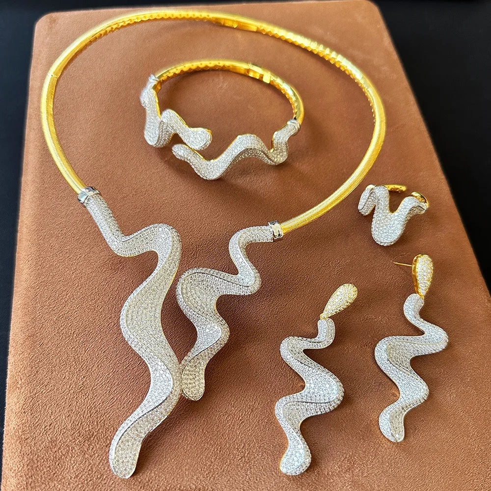 GODKI Luxury 4PCS Wave Design Nigeria Bangle Ring Necklace Earrings Sets For Women Wedding Zircon Dress Necklace Earring Sets