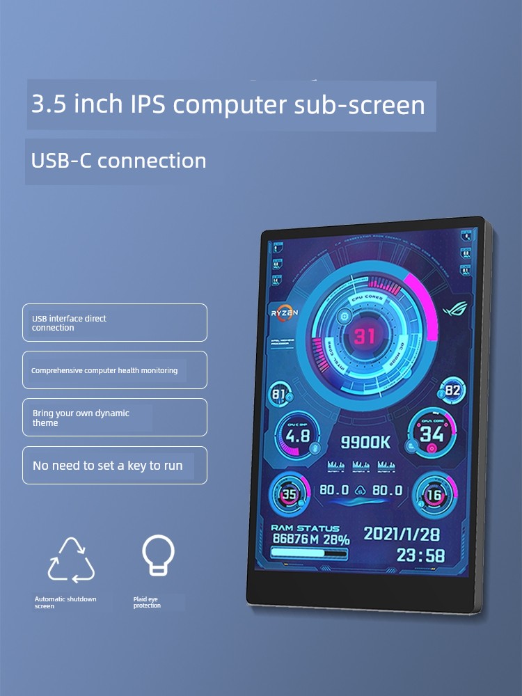 3.5-Inch Computer Sub-Screen IPs Full View USB-C Chassis Sub-Screen Computer Status Monitoring Installation-Free Aida64