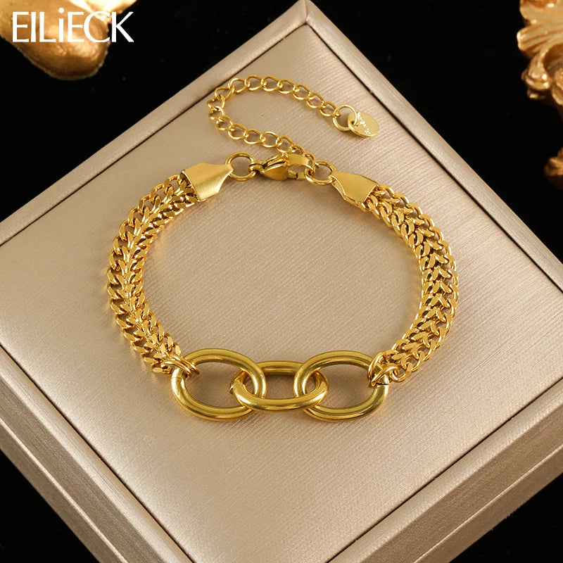 EILIECK 316L Stainless Steel Metal Texture Oval Chain Bracelet Bangle For Women 18K PVD Plated Wrist Chain Waterproof Jewelry