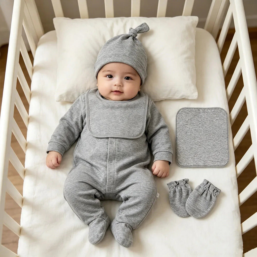 100% Cotton Newborn Baby Sets Hospital Baby Girl Clothes Set Pink Long Sleeve Footed Romper+Hat+Drool Bib+Glove Outfits Gift Box