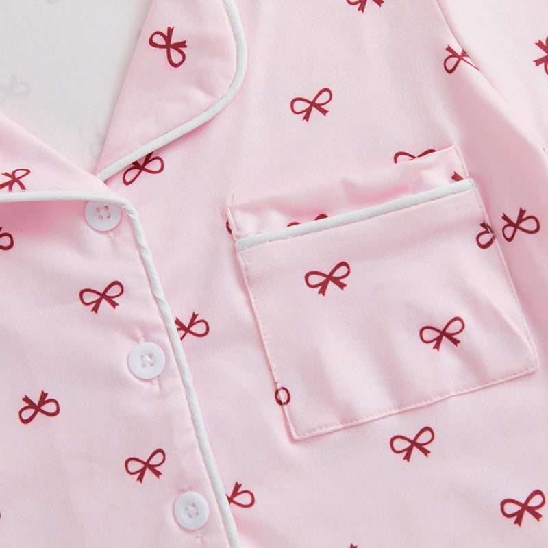 Summer Toddler Girls Loungewear Set Bow Print Short Sleeve Shirts Tops Elastic Waist Shorts Suit Infant Sleepwear Kids Pajamas