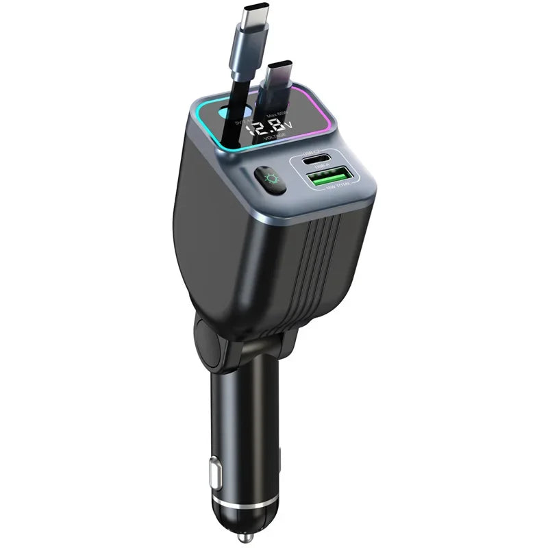 Scalable Car Charger 4in1 Fast Charging Car Charger with 72W Retractable Cable and PD65W USB Port Compatible with Type-C Adapter