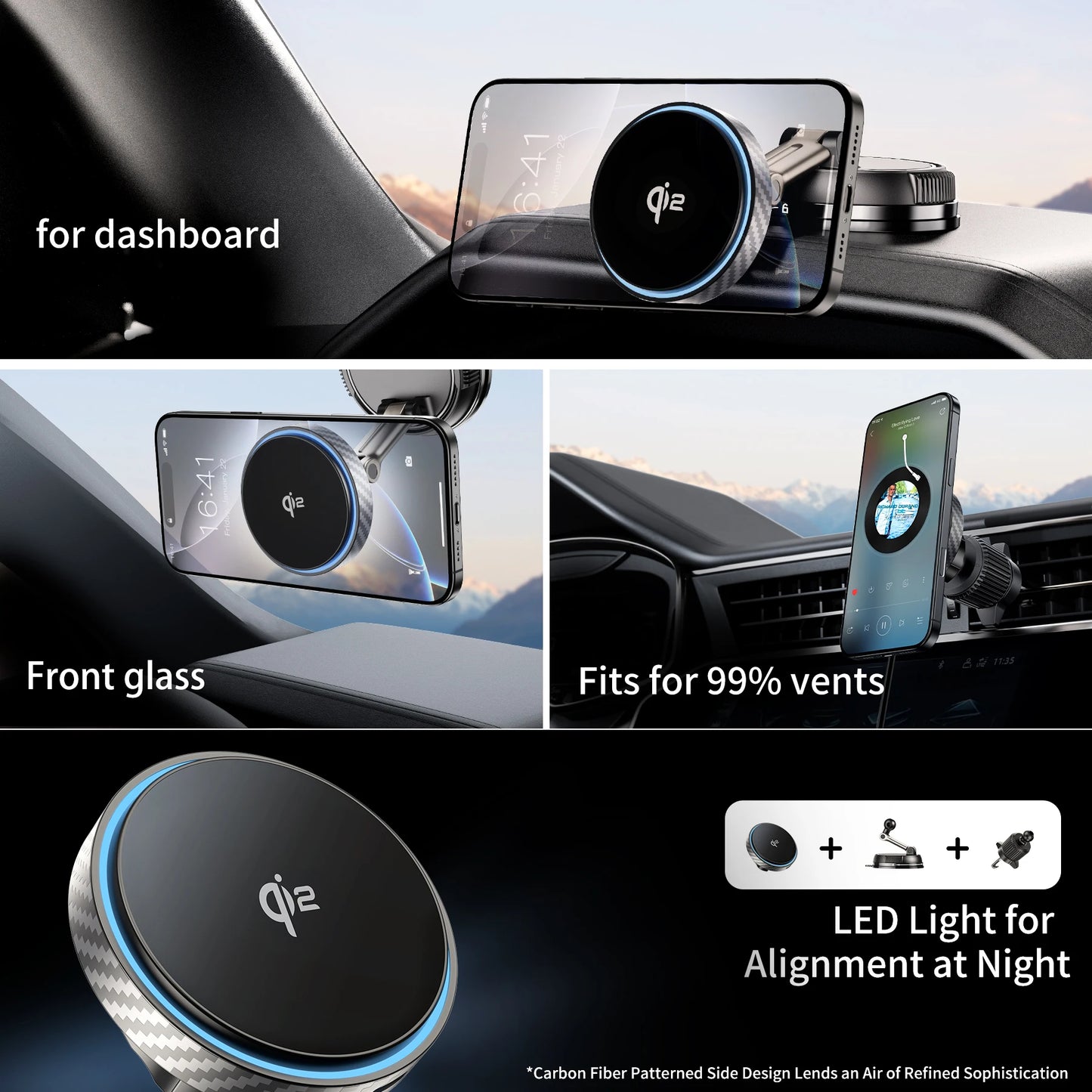 QI2 certified magnetic suction cup car Magsafe true 15W wireless charger mobile navigation air outlet suction cup bracket