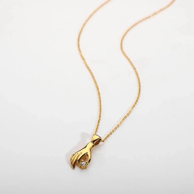 Dancy Fairy Stainless Steel Shiny Stone Abstract Palm Pendant Necklace for Women 18K Gold Color Hand Pick Star Charm Necklace