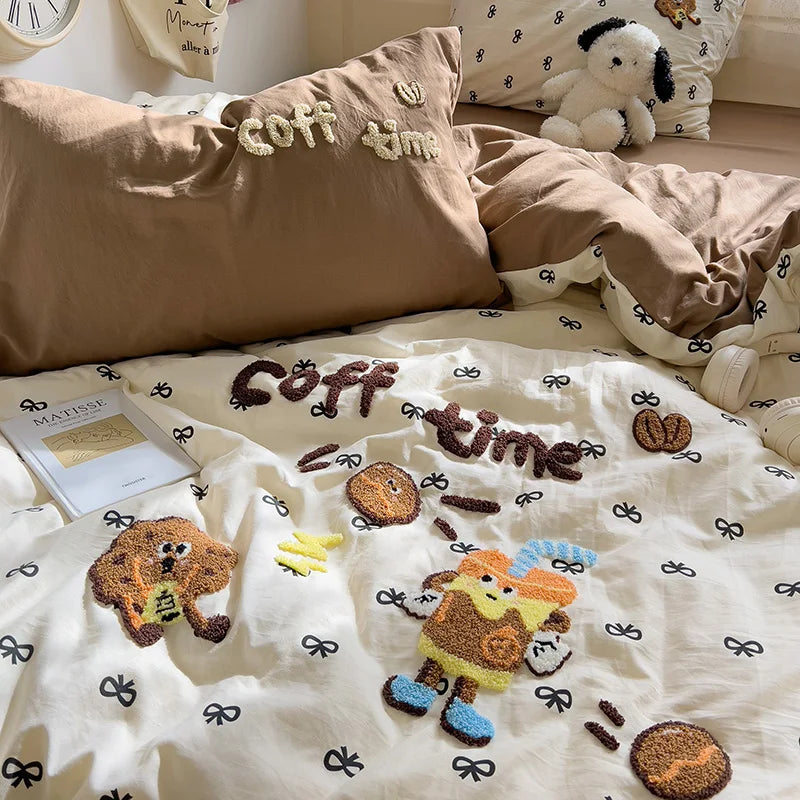 Cartoon Animal Embroidery Bedding Set For Adults Kids Cute Flat Fitted Sheet With Pillowcases Washed Cotton Colorful Full Size