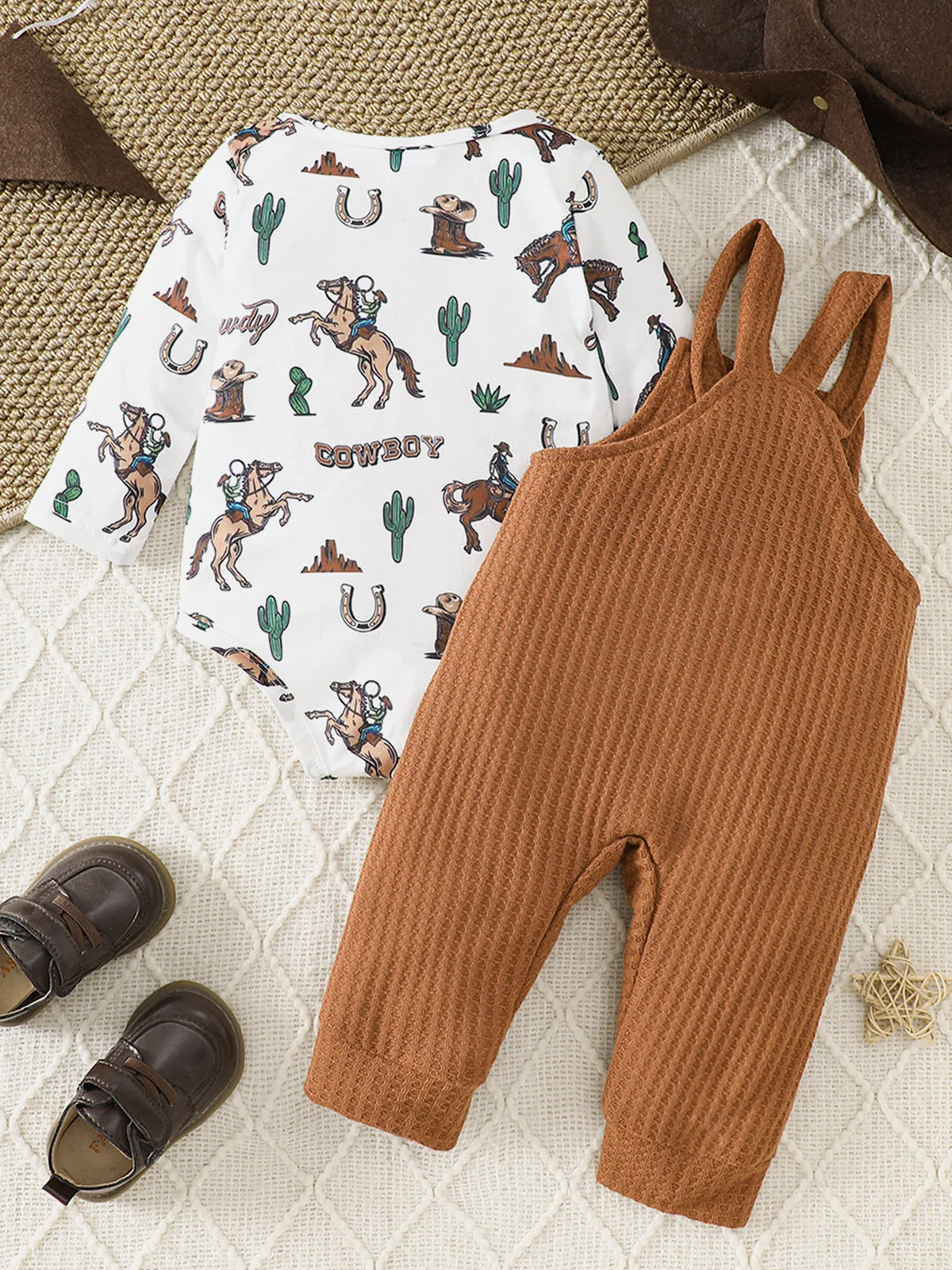 Baby Boy's American Retro Western Two-Piece Set | Tribal Cowboy All-Over Print Romper + "Little Buckaroo" English Waffle Knit Overalls, Cute and Cool, Comfortable Autumn Outfit