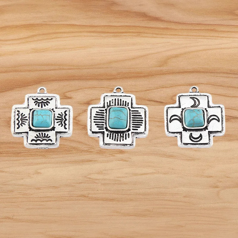 4 Pieces Tibetan Silver Color & Turquoise Crystal Hollow Charms Pendants For DIY Necklace Jewelry Making Accessories