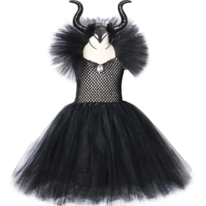 Girls Black Evil Queen Maleficent Tutu Dress Horns Wings Dark Witch Cosplay Carnival Halloween Costume for Kids Fancy Clothes