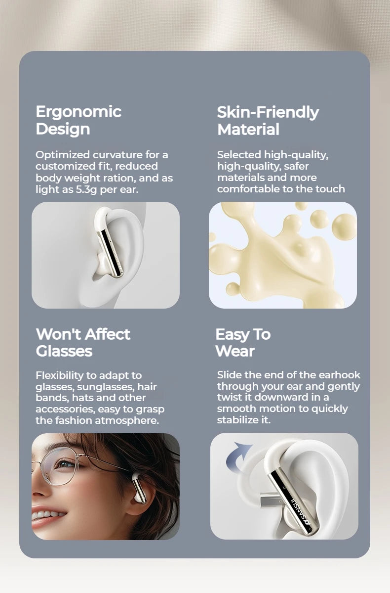 Sansui W33 Spatial Audio Bluetooth 5.4 Earphones ENC Noise Canceling Bluetooth Headphone in-Ear OWS Wireless Sports Headsets