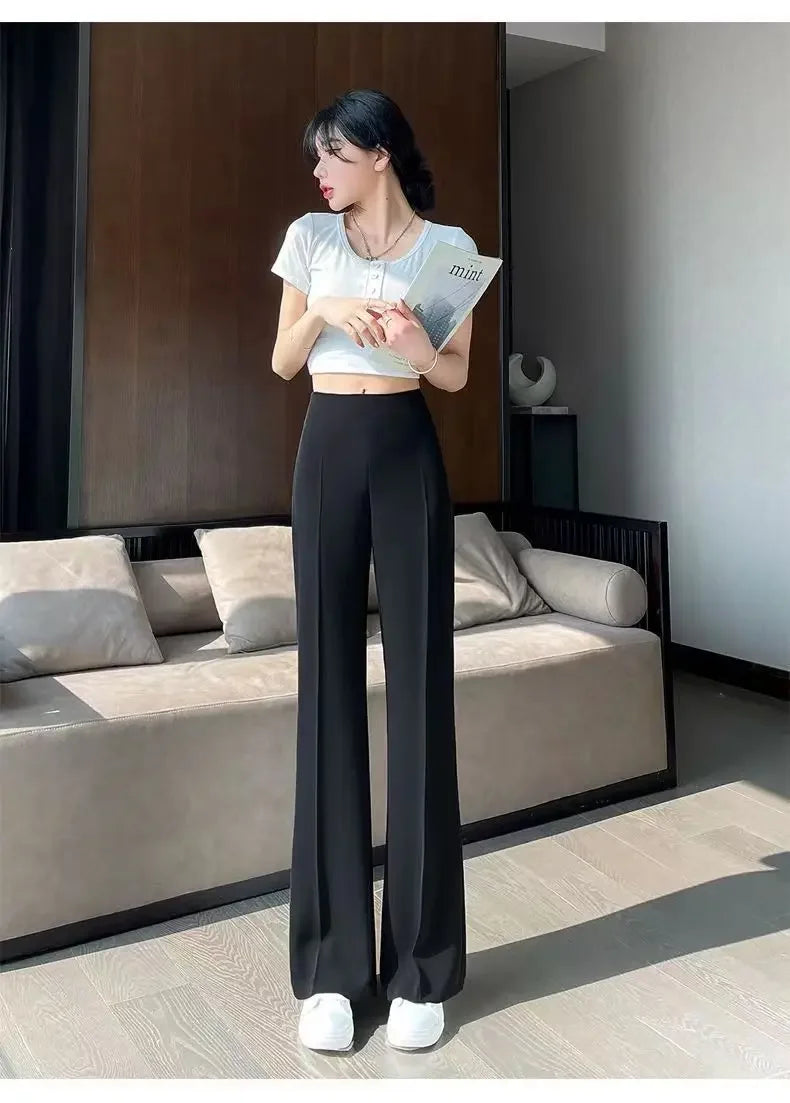 Solid Tailoring High Waist Female Pants Straight Leg Work Loose Clothes Baggy Office Trousers for Women Casual Original Nylon G