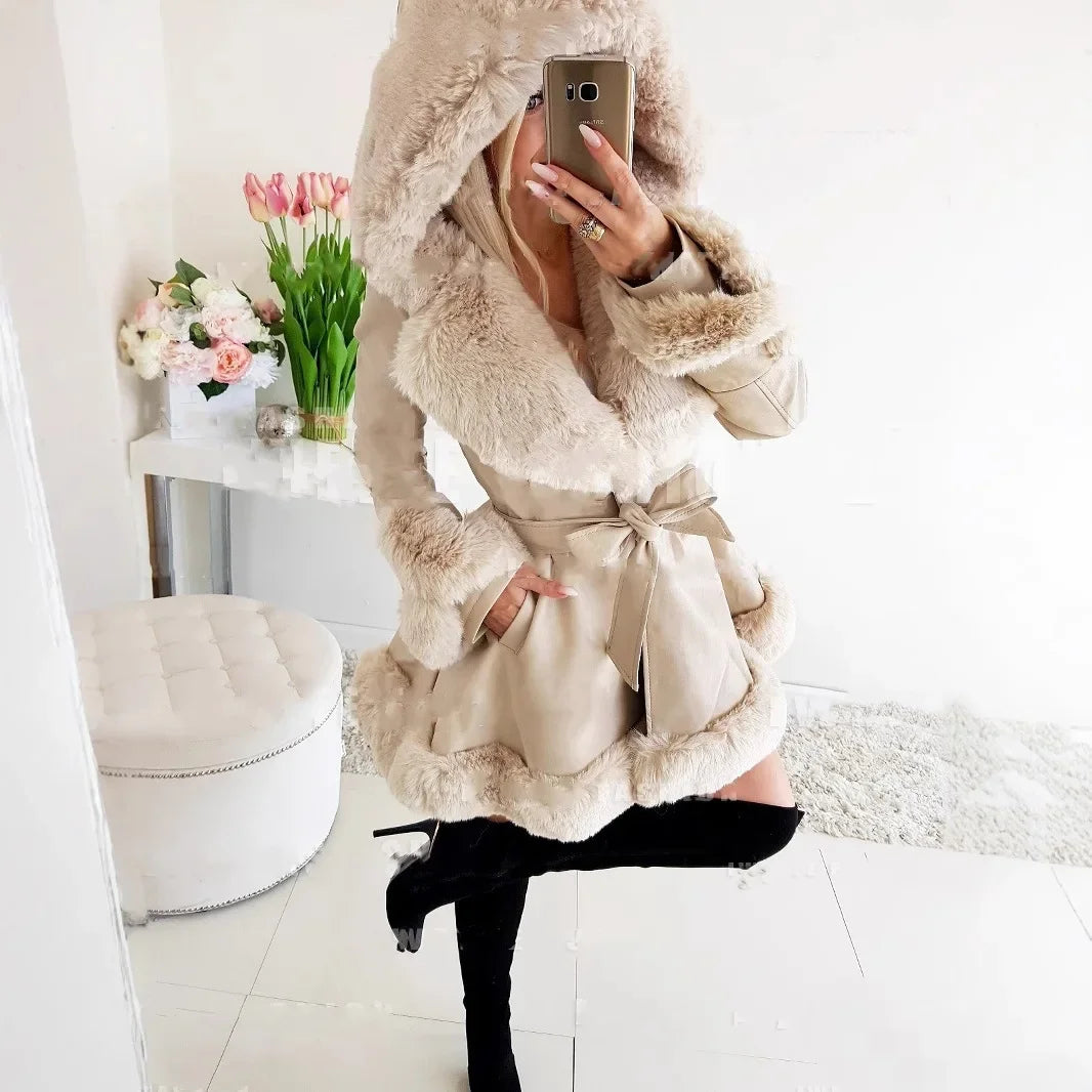 Warm Solid Color Lace-up Belt Fur Splicing New Women's Long-sleeved Ruffle Edge Hooded Jacket Parka