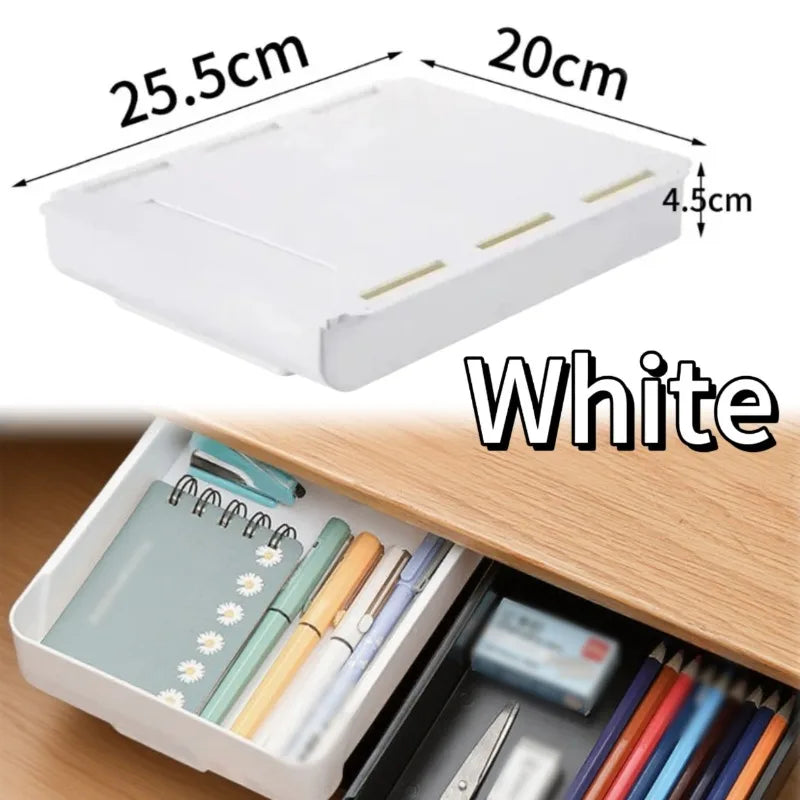 White Self-Adhesive Storage Drawer Box Makeup Pencil Tray Desk Hidden Under Desk Stand Self-adhesive Under-drawer Storage Boxes