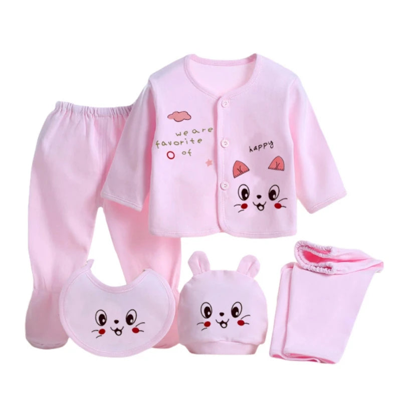 Newborn Baby Suits Boy Girl Clothes Sets Tops Pants Bibs Hats Cotton Cartoon Print Baby Clothing Cute Infant Outfit 0-3 Months