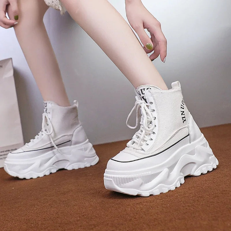 Women Sneakers High Top Platform Breathable Leather Shoes 2023 Autumn Ladies Wedges Casual Shoes For Woman Sports Dad Shoes 8CM