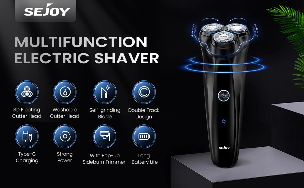 SEJOY Electric Razor for Men 3D Rotary Shaver Dry Wet Shaving Pop-Up Beard Trimmer Rechargeable Hair Cutting Machine