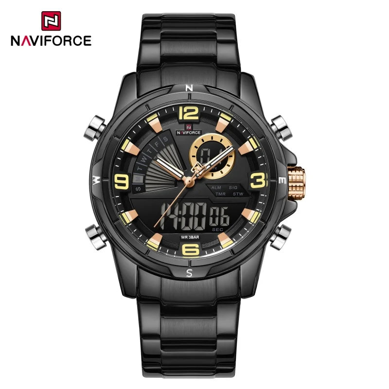 NAVIFORCE Men's Watch 3ATM Waterproof Multifunctional Dual Display with Date Stainless Steel Strap Luxury Business Wristatch