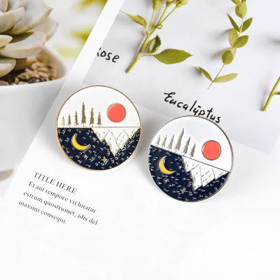 Personality Mountain Moon Sea Brooch Buckle Golden Metal Badge Bag Clothes Lapel Brooches For Women Men Kids Gifts