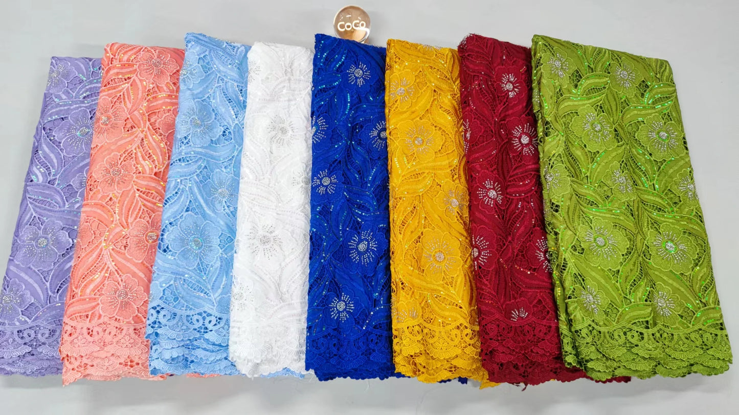 African Lace Fabric High Quality,Dubai Beaded Cotton Fabrics By The Meter,Embroidery,Sequin,Linen,Party Dresses,Tulle,5 Yards