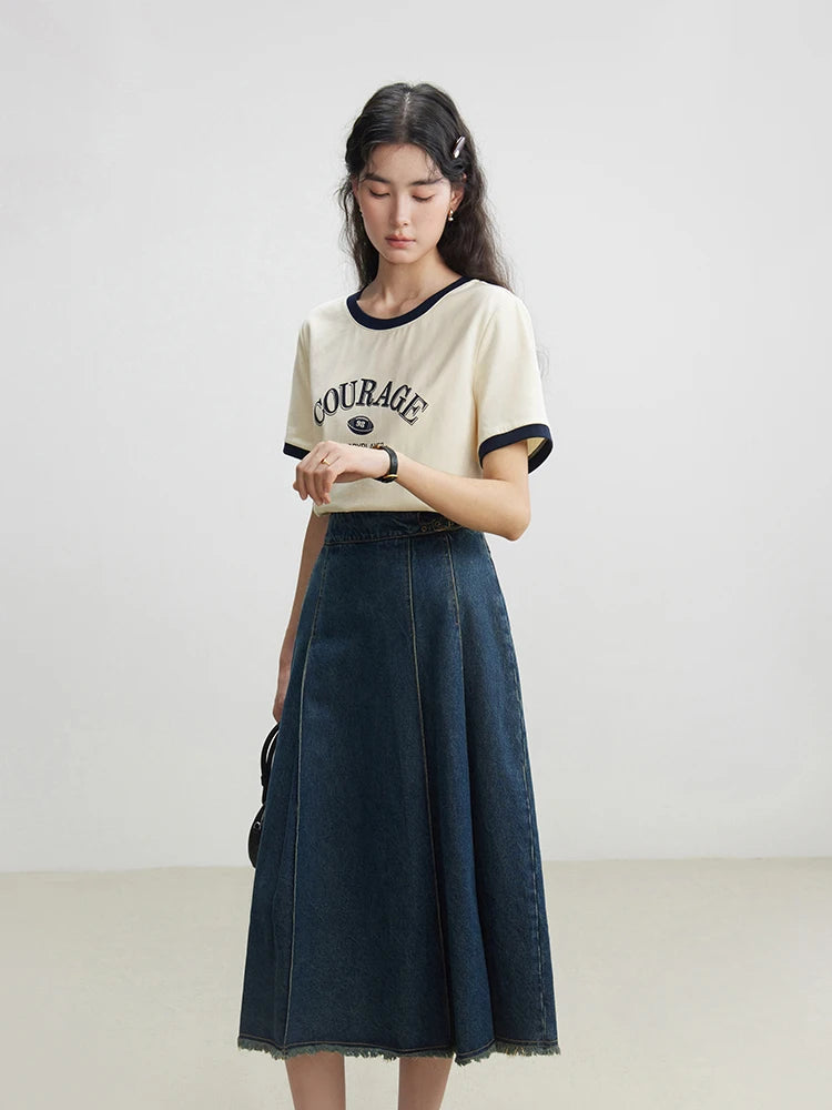 DUSHU Contrasting Color Women Round Neck T-shirts Letter Print Design Summer Beige Short Sleeve Tops Casual Tees 24DS82220