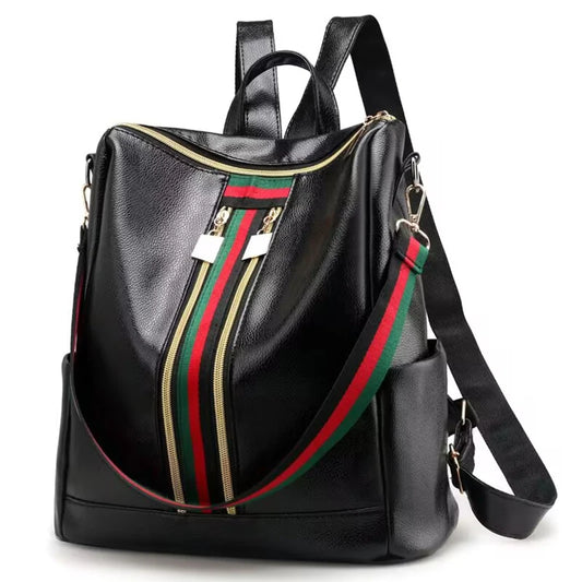 Double shoulder bag, large capacity dual-purpose women's bag, fashionable striped color contrast Korean-style women's backpack