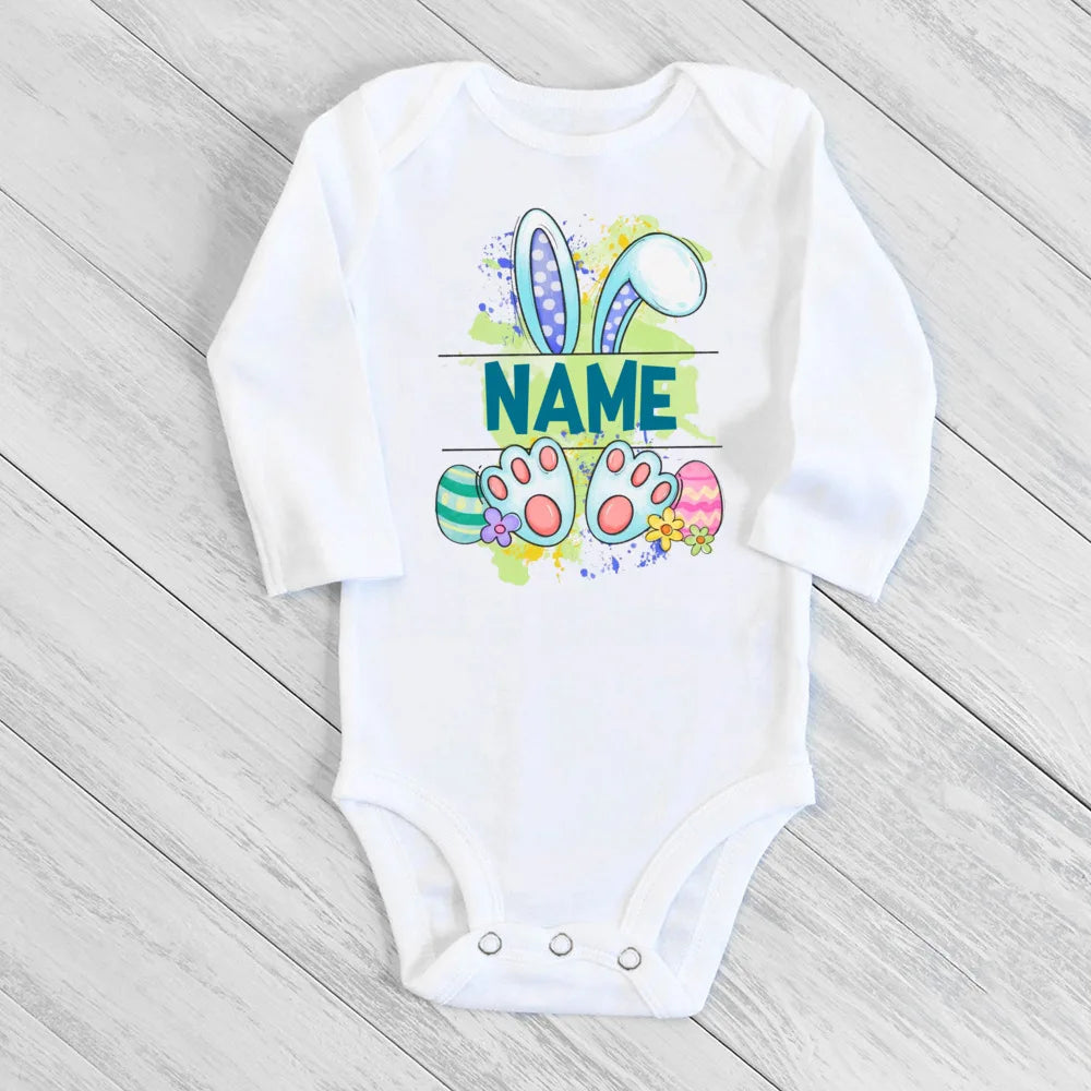 Personalized Easter Baby Romper Bunny with Name Infant Outfit Bodysuit Boys Girls Holiday Party Jumpsuit Bunny Newborn Rompers