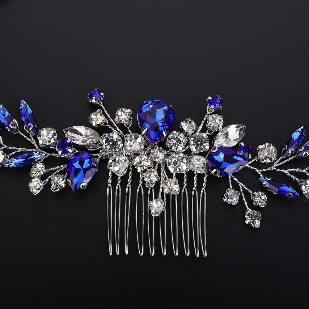 Crystal Flower Bride Hair Accessories Red Wedding Head Jewelry Blue Rhinestone Headdresses Women Hair Comb 9 Colors Headpieces