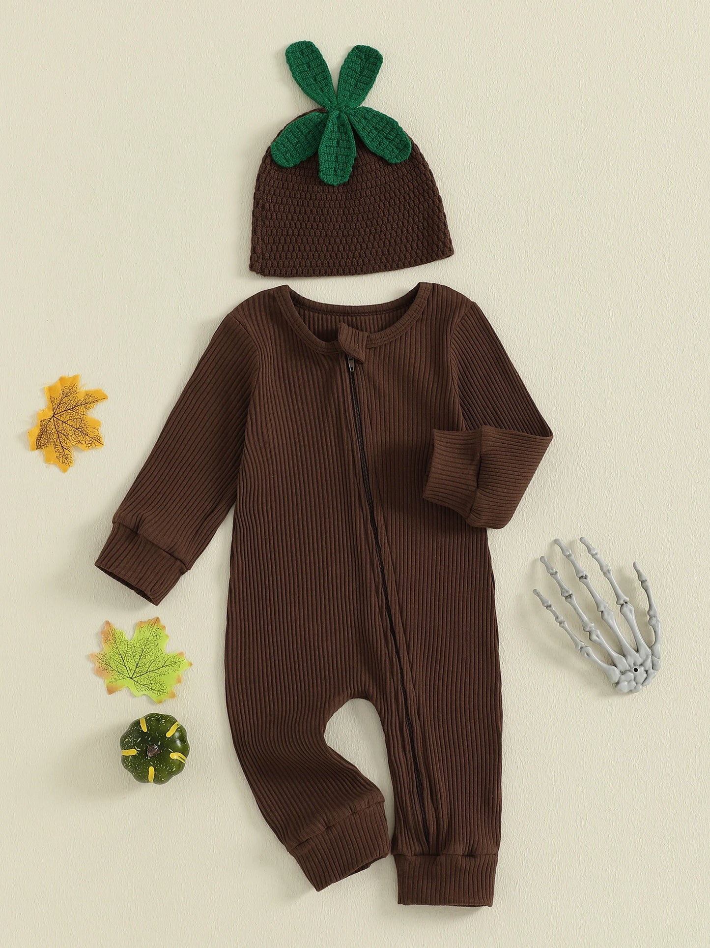 Infant Baby Boy Halloween Outfit Little Mandrake Jumpsuit Long Sleeve Ribbed Zipper Romper with Knit Hat Magic Baby Outfit