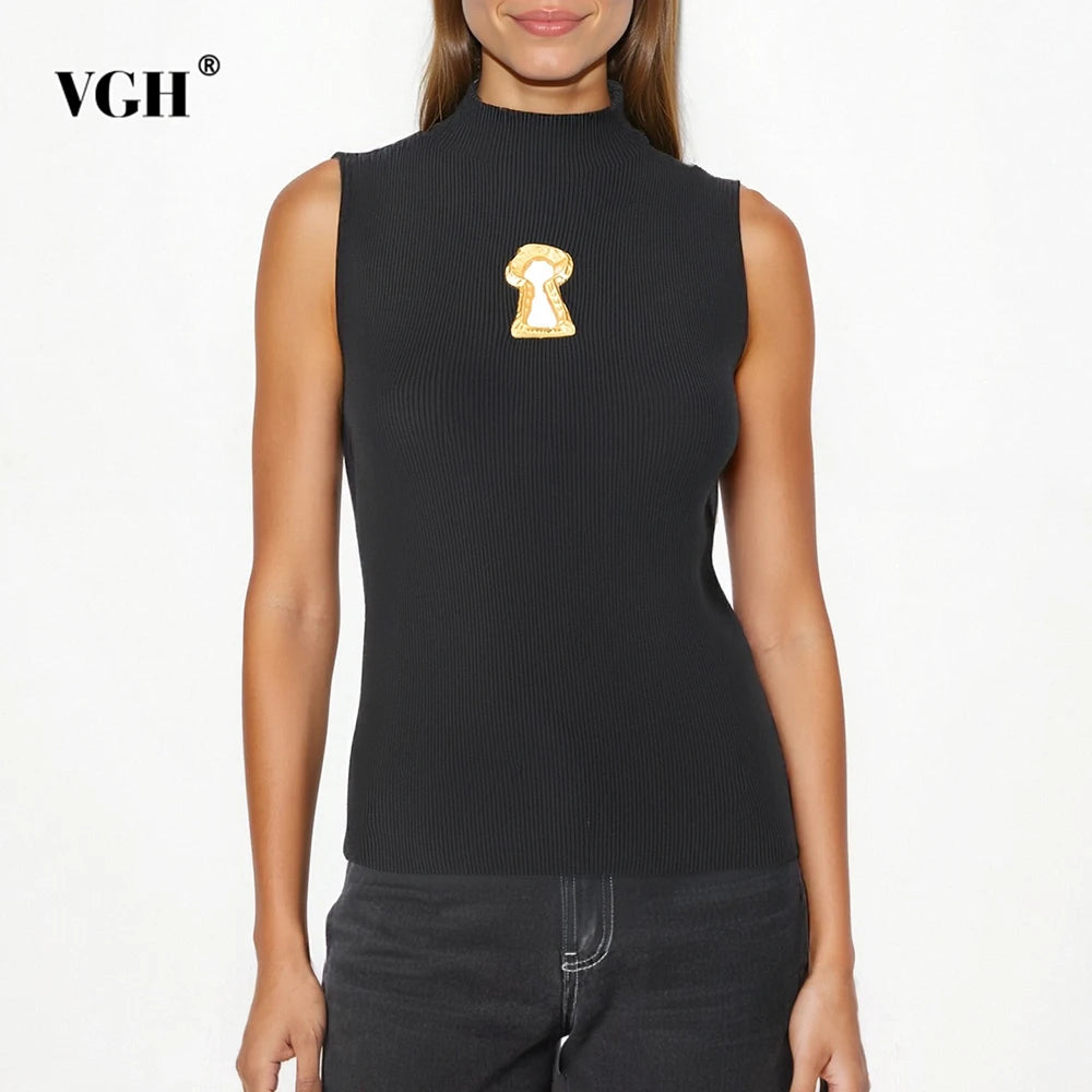 VGH American Casual Spliced Hollow Out Vest for Women Stand Collar Sleeveless Slimming Minimalist Tank Top Female Clothing New