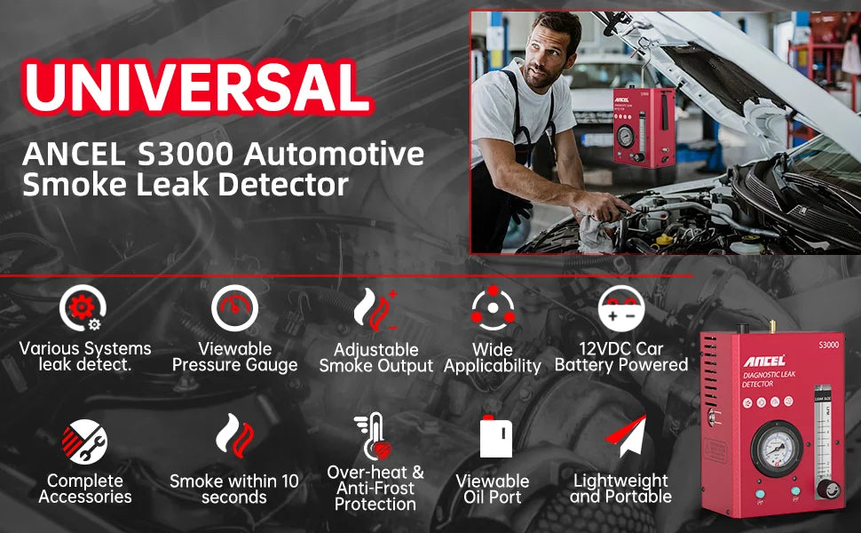 ANCEL S3000 Car Smoke Leak Detector With Air Pump 12V EVAP Diagnostic Tool Vacuum Tester Fuel Pipe Leakage Locator for Motocycle