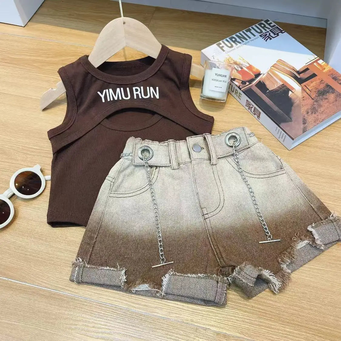 Girls' Summer Clothing Set 2025 New Children's Tank Top Denim Shorts Two Piece Set Girls' Elegant Summer Fashion