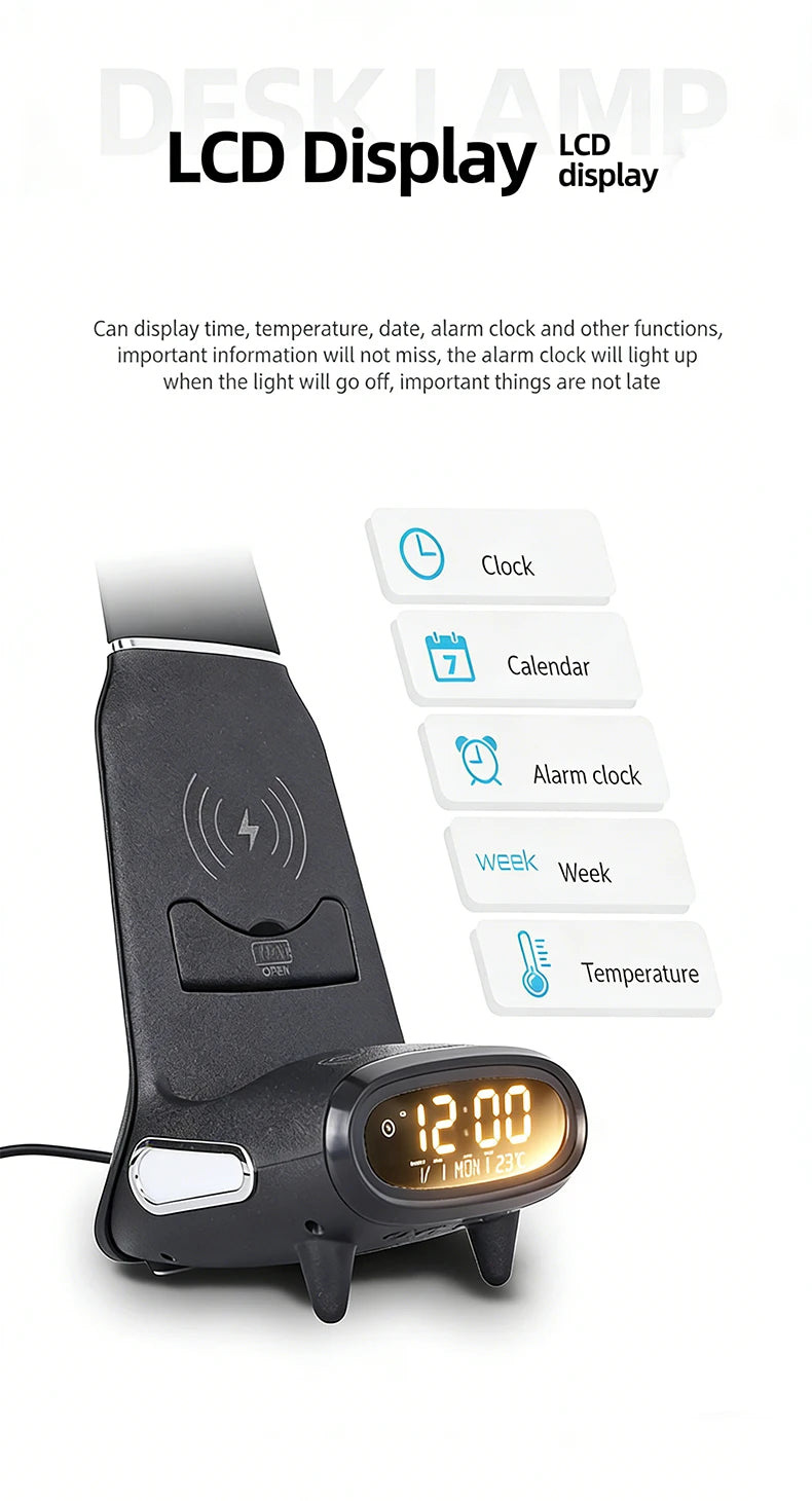 Multi-Function Eye-Protecting Reading Desk Lamp for Students 3000K-6000K Stepless Dimming 15W Wireless Fast Charging Study Light