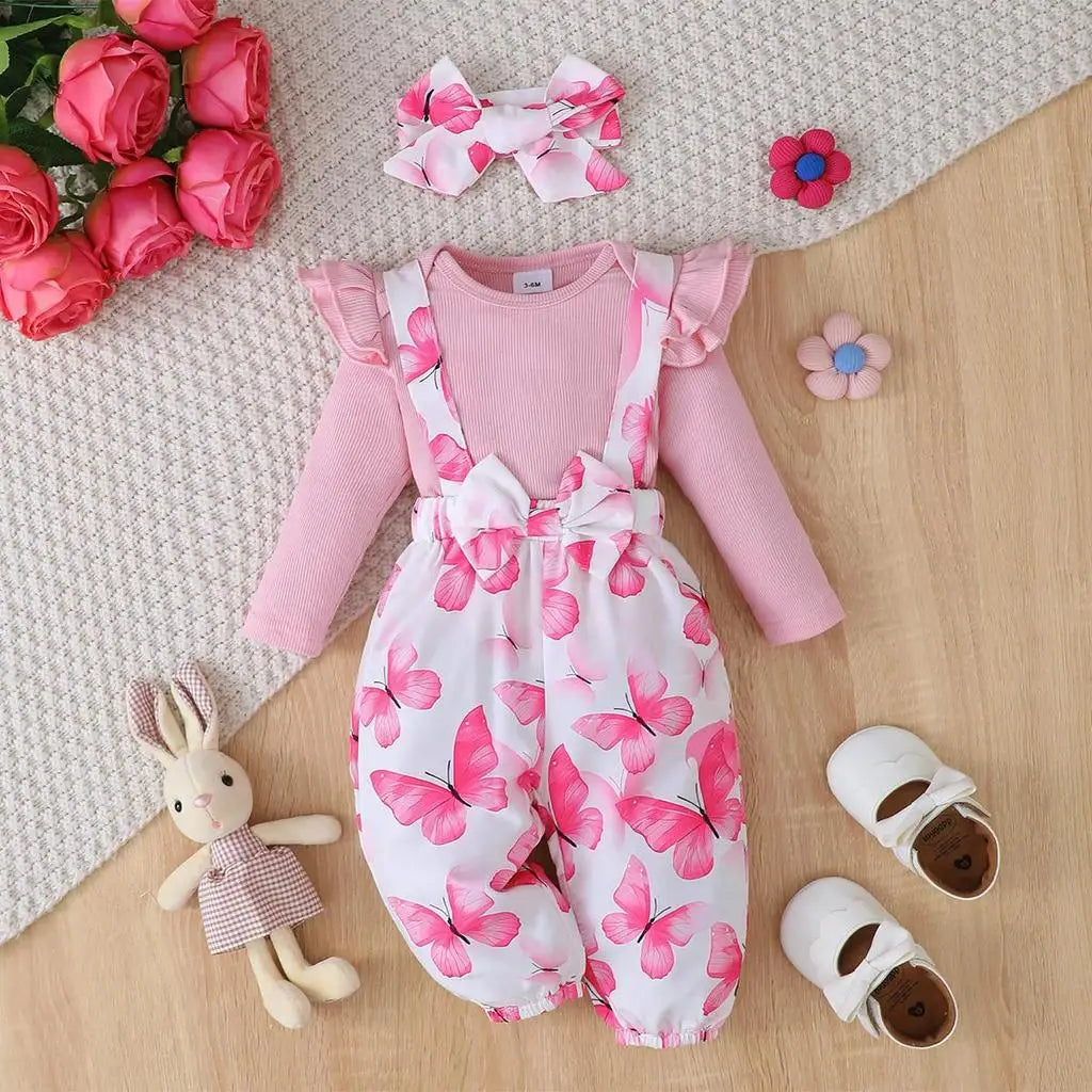 3PCS Clothes Outfits for 1-24Months Newborn&Toddler Baby Girl Long Sleeves Romper+Flower Strap Pants Cute Christmas Costume