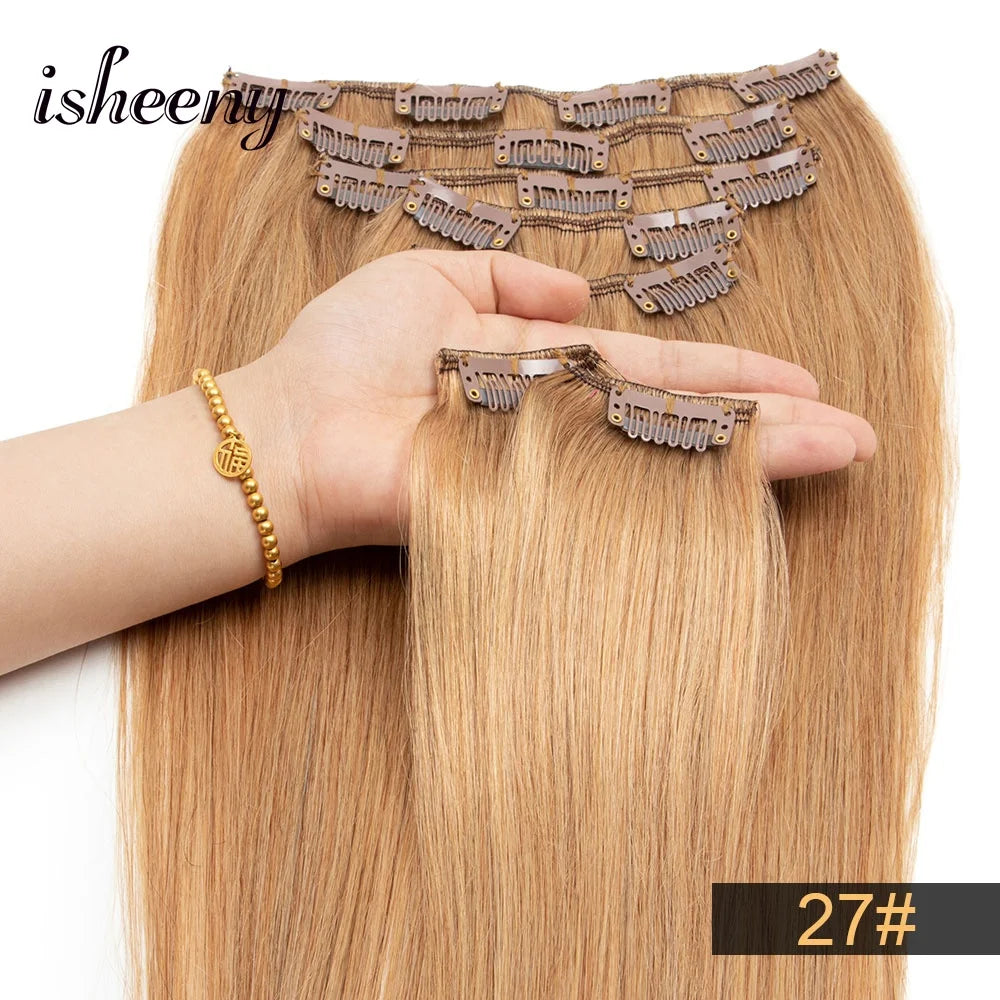 Isheeny 12"-24" Clip In Human Hair Extensions Brazilian Remy Natural Clip Human Hair Extension Real Natural Clip On 50G-120G NEW