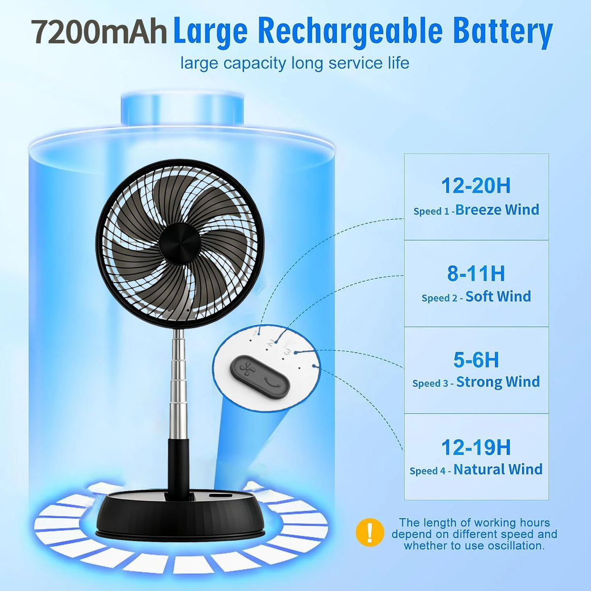Home Bedroom Outdoor Camping Foldable Vertical Desktop Electric Fan Remote Control Silent Timed Left Right Rotation Black Fan