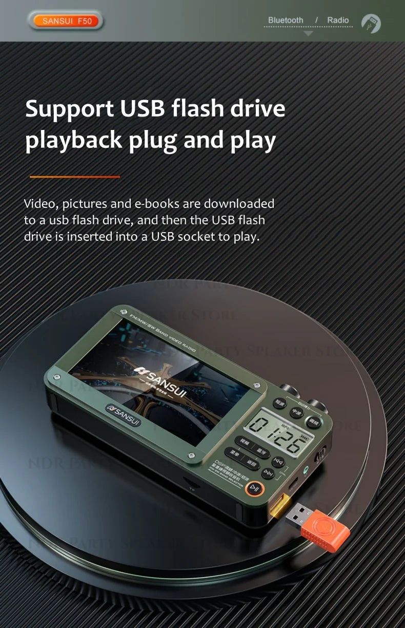 SANSUI Portable FM/MW/SW Radio 7-inch HD LED Display Radio Wireless Bluetooth Speakers Dual TF Card Slot MP4 Video Music Player