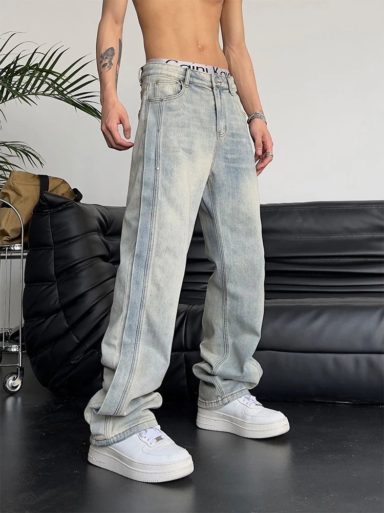 Jeans for Men Loose Light Blue Baggy Straight Man Cowboy Pants Punk Spliced Y2k Vintage Trousers 2025 Korean Autumn Trend Cotton