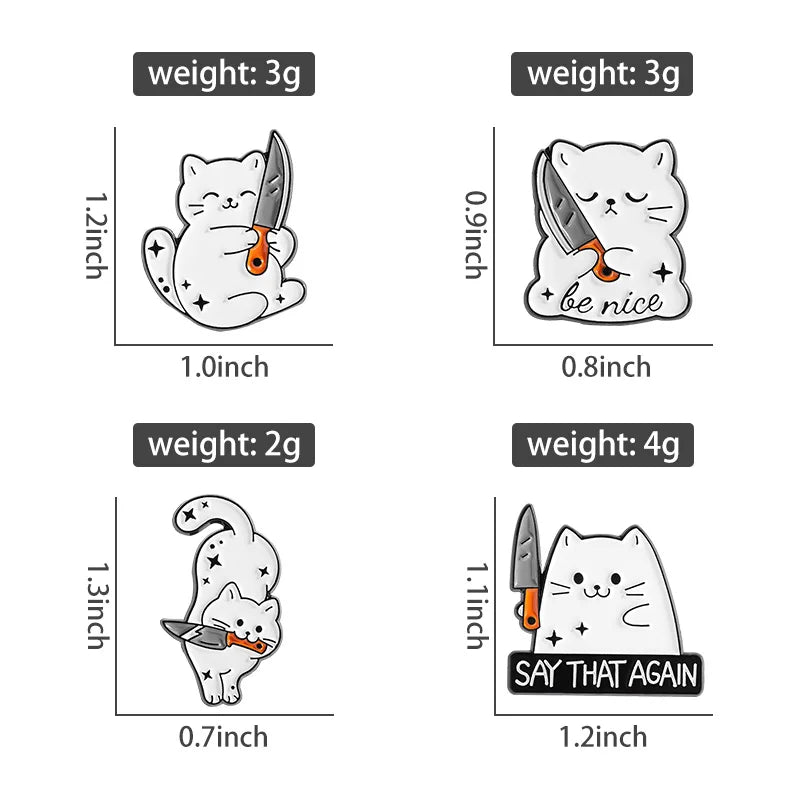 White Cat Holding Knife Enamel Pins Threatening Provoking Quotes Say That Again Brooch Bag Lapel Badge Jewelry Fans Gifts