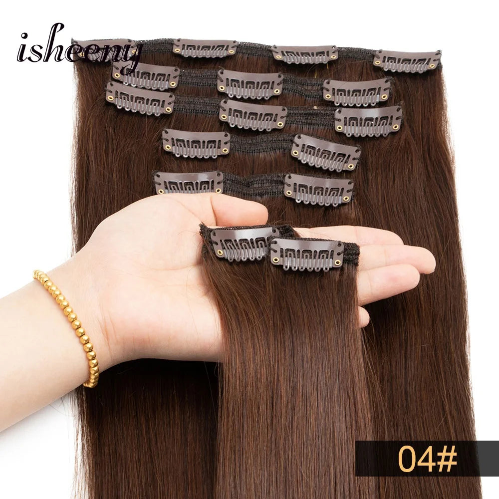 Isheeny 12"-24" Clip In Human Hair Extensions Brazilian Remy Natural Clip Human Hair Extension Real Natural Clip On 50G-120G NEW